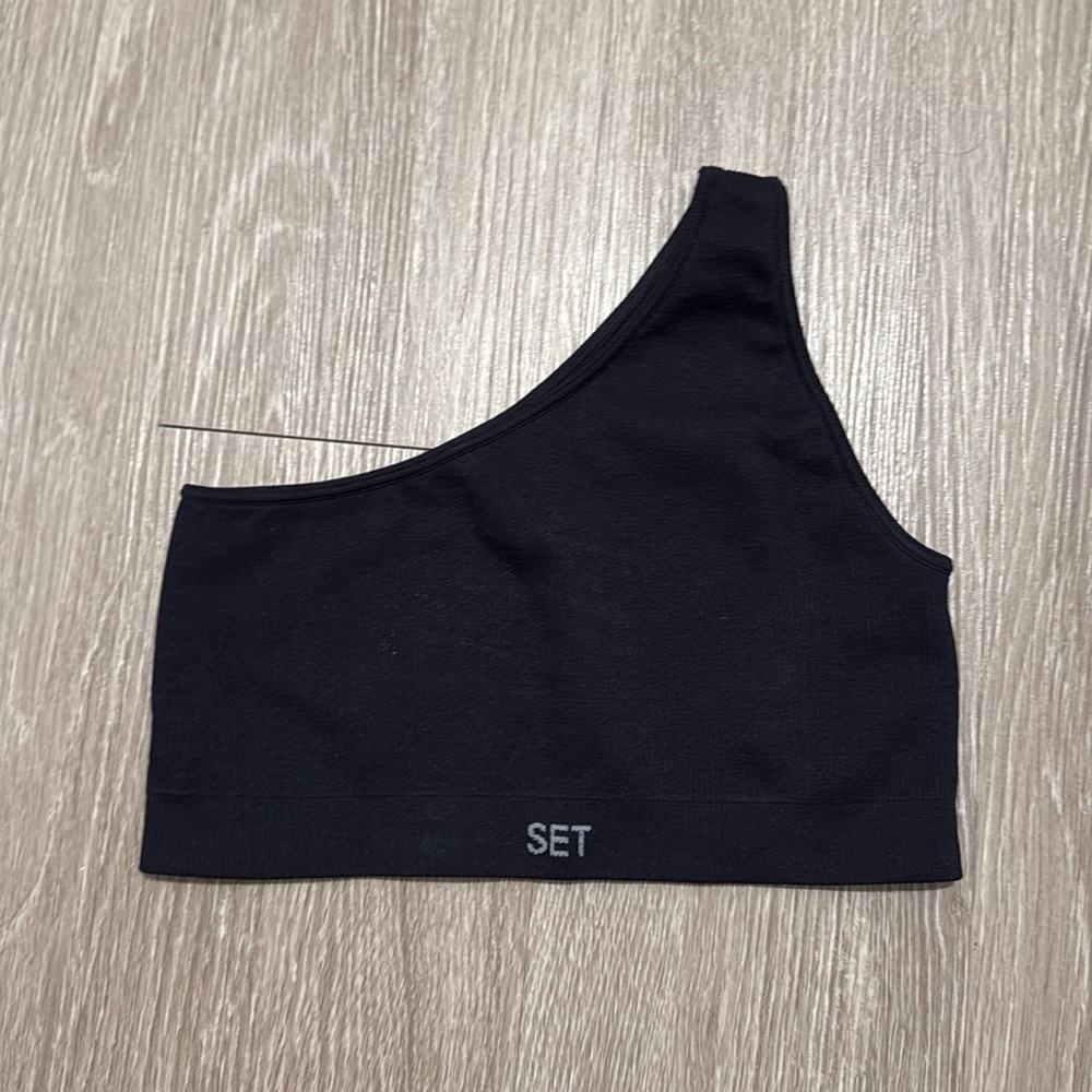 SET ACTIVE Sculptflex one shoulder sports bra, black, size small